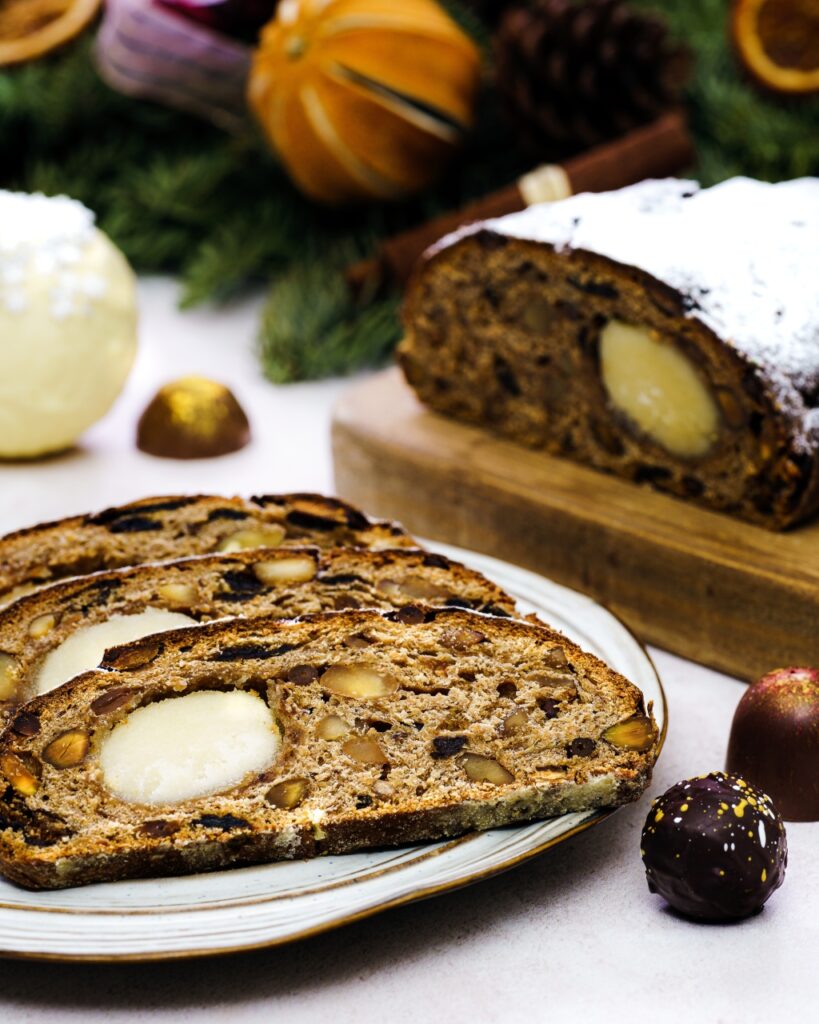 Stollen - famous German Christmas cake, that is the signature Christmas cake for Dresden, Germany